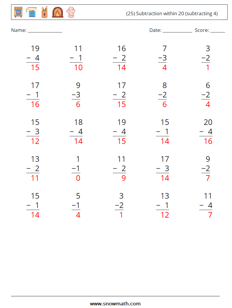 (25) Subtraction within 20 (subtracting 4) Maths Worksheets 8 Question, Answer