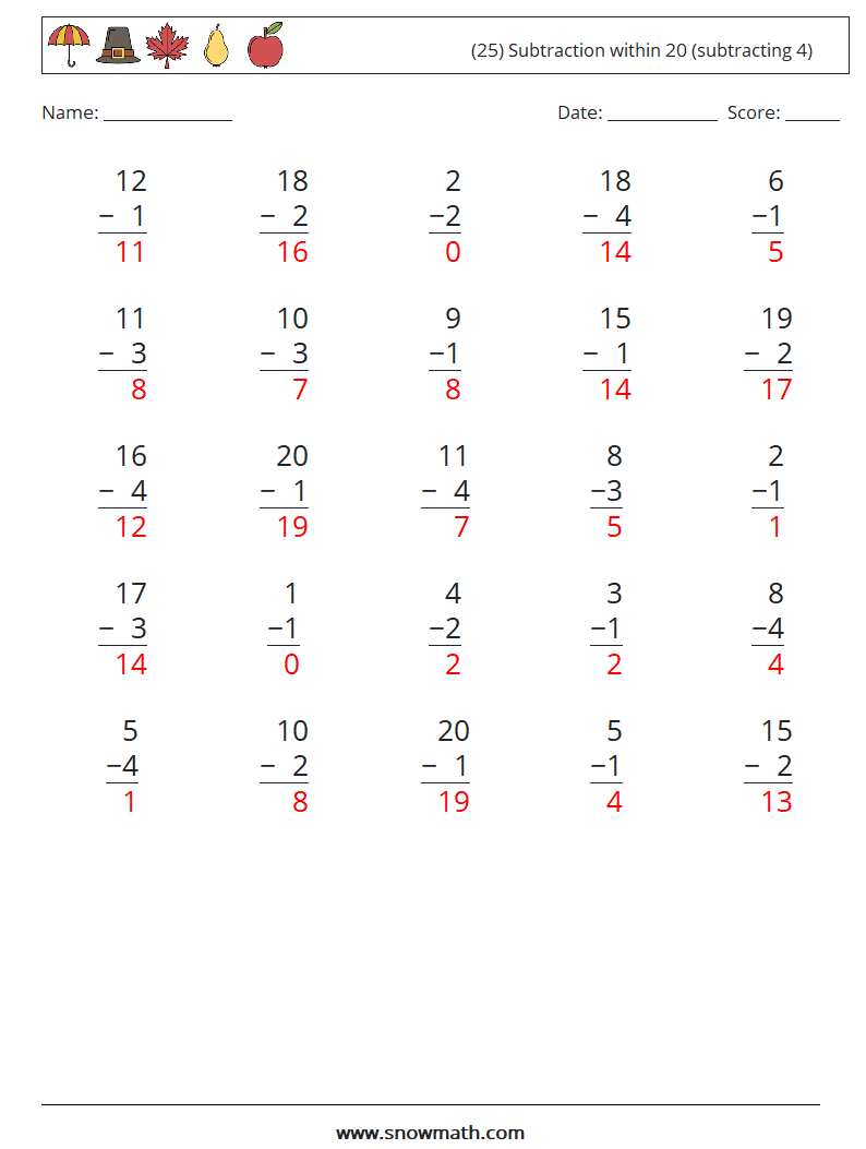 (25) Subtraction within 20 (subtracting 4) Maths Worksheets 9 Question, Answer