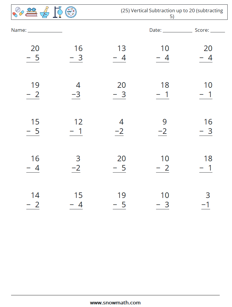 (25) Vertical Subtraction up to 20 (subtracting 5) Maths Worksheets 1