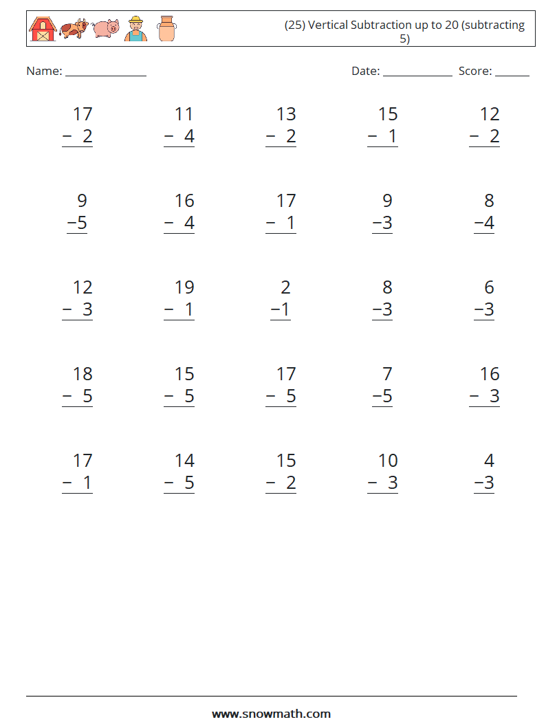 (25) Vertical Subtraction up to 20 (subtracting 5) Maths Worksheets 12
