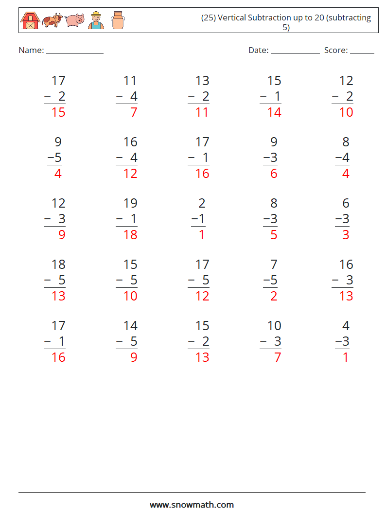 (25) Vertical Subtraction up to 20 (subtracting 5) Maths Worksheets 12 Question, Answer