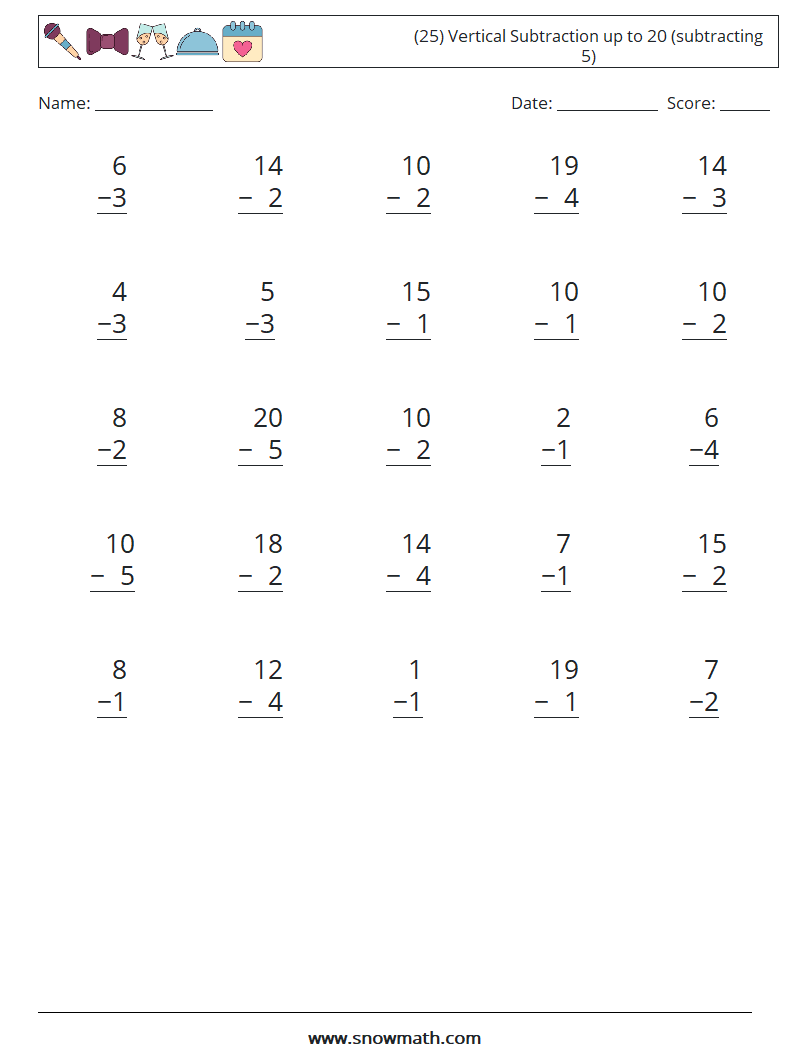 (25) Vertical Subtraction up to 20 (subtracting 5) Maths Worksheets 14