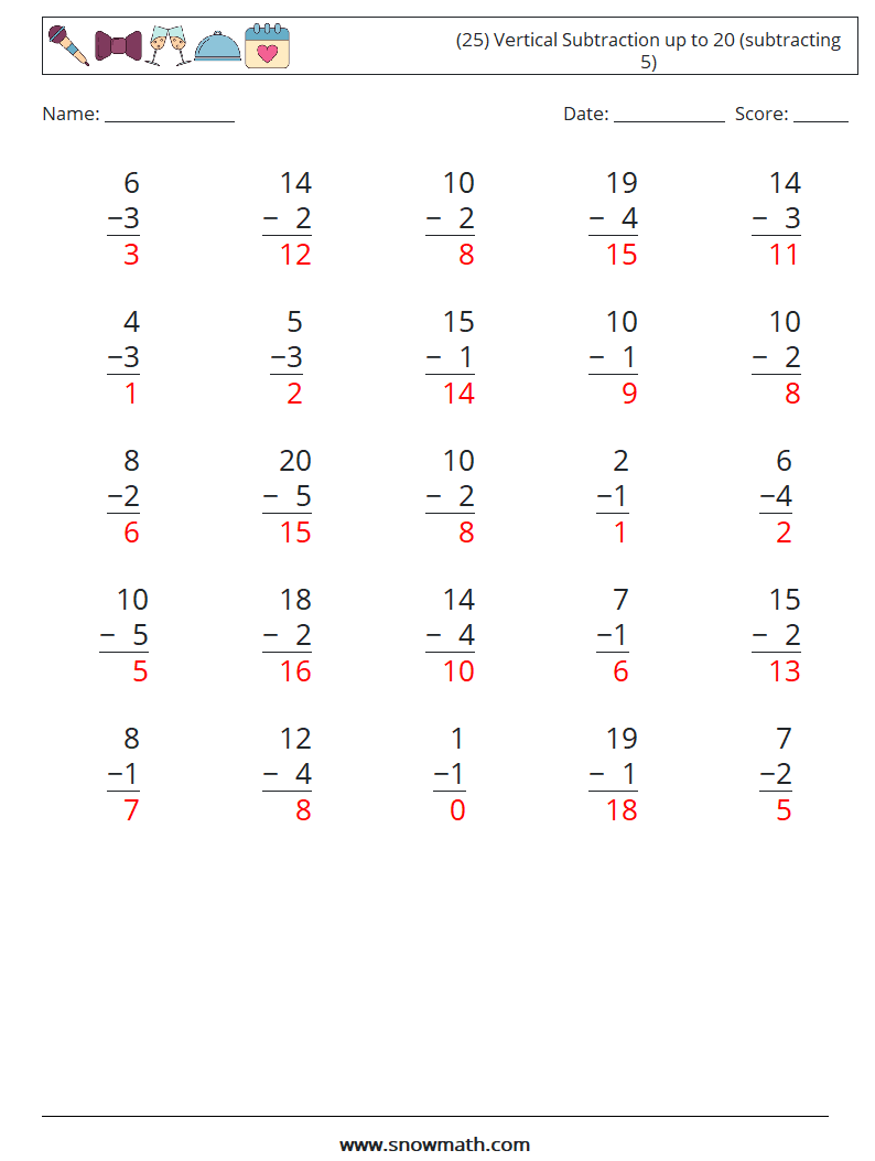 (25) Vertical Subtraction up to 20 (subtracting 5) Maths Worksheets 14 Question, Answer