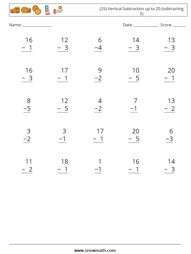 (25) Vertical Subtraction up to 20 (subtracting 5) Maths Worksheets 16