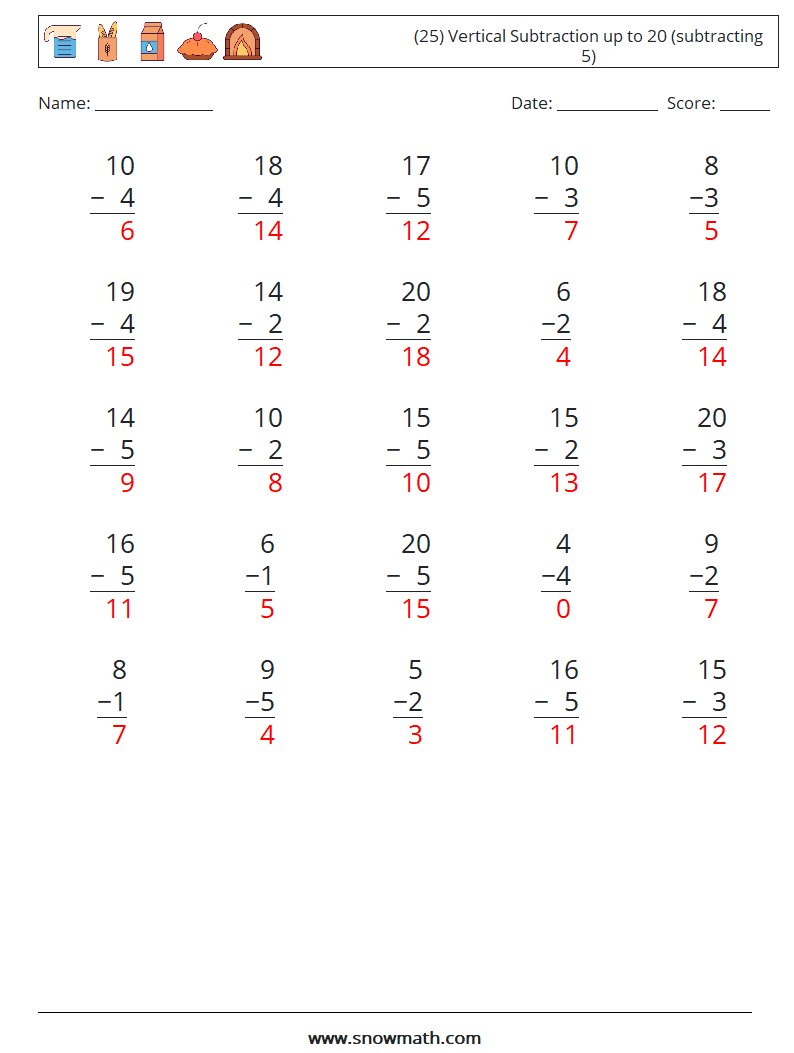 (25) Vertical Subtraction up to 20 (subtracting 5) Maths Worksheets 17 Question, Answer