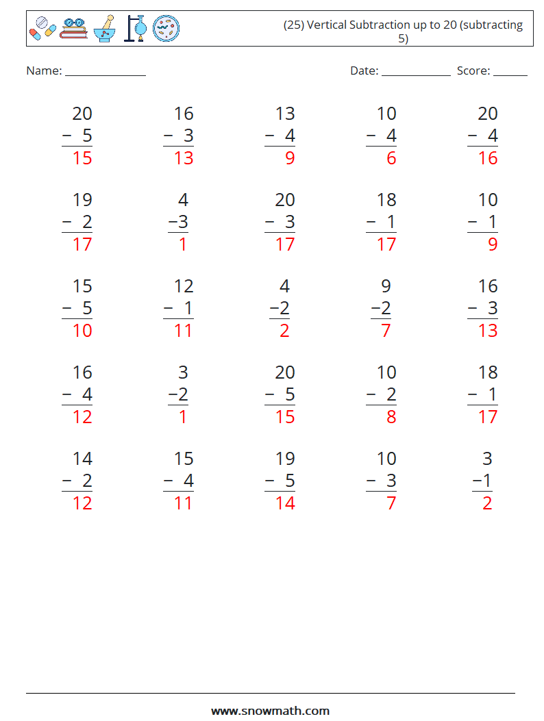 (25) Vertical Subtraction up to 20 (subtracting 5) Maths Worksheets 1 Question, Answer