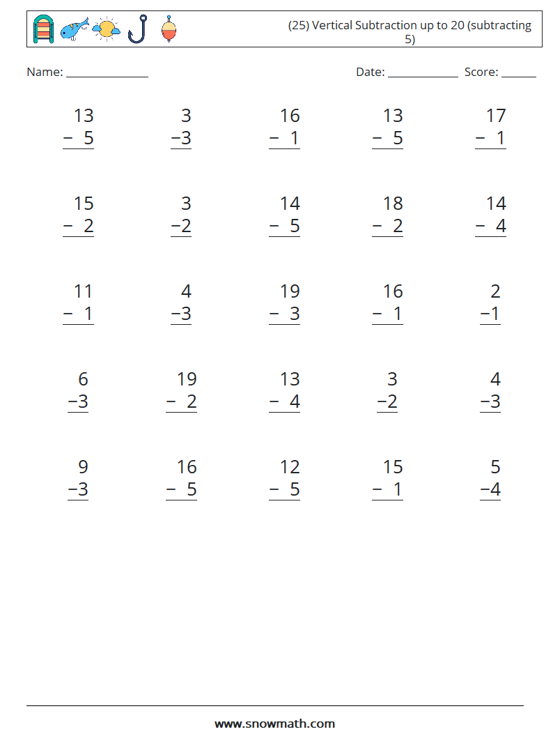 (25) Vertical Subtraction up to 20 (subtracting 5) Maths Worksheets 2