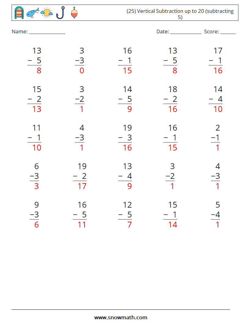 (25) Vertical Subtraction up to 20 (subtracting 5) Maths Worksheets 2 Question, Answer