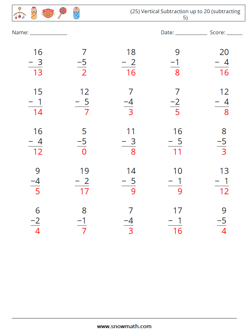 (25) Vertical Subtraction up to 20 (subtracting 5) Maths Worksheets 3 Question, Answer