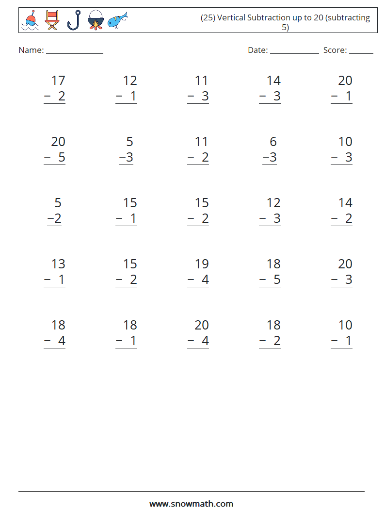 (25) Vertical Subtraction up to 20 (subtracting 5) Maths Worksheets 4