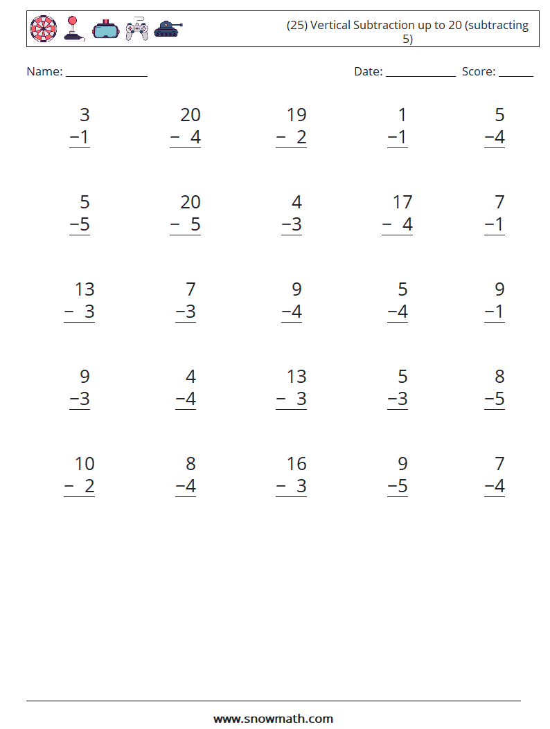 (25) Vertical Subtraction up to 20 (subtracting 5) Maths Worksheets 5