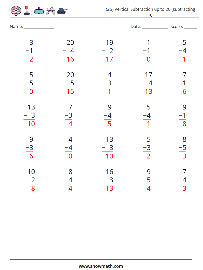 (25) Vertical Subtraction up to 20 (subtracting 5) Maths Worksheets 5 Question, Answer