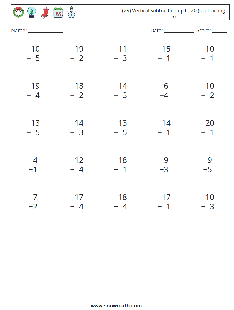 (25) Vertical Subtraction up to 20 (subtracting 5) Maths Worksheets 6