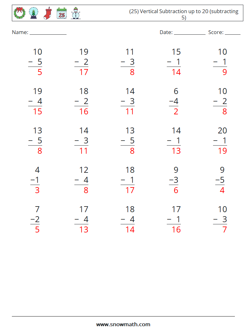 (25) Vertical Subtraction up to 20 (subtracting 5) Maths Worksheets 6 Question, Answer