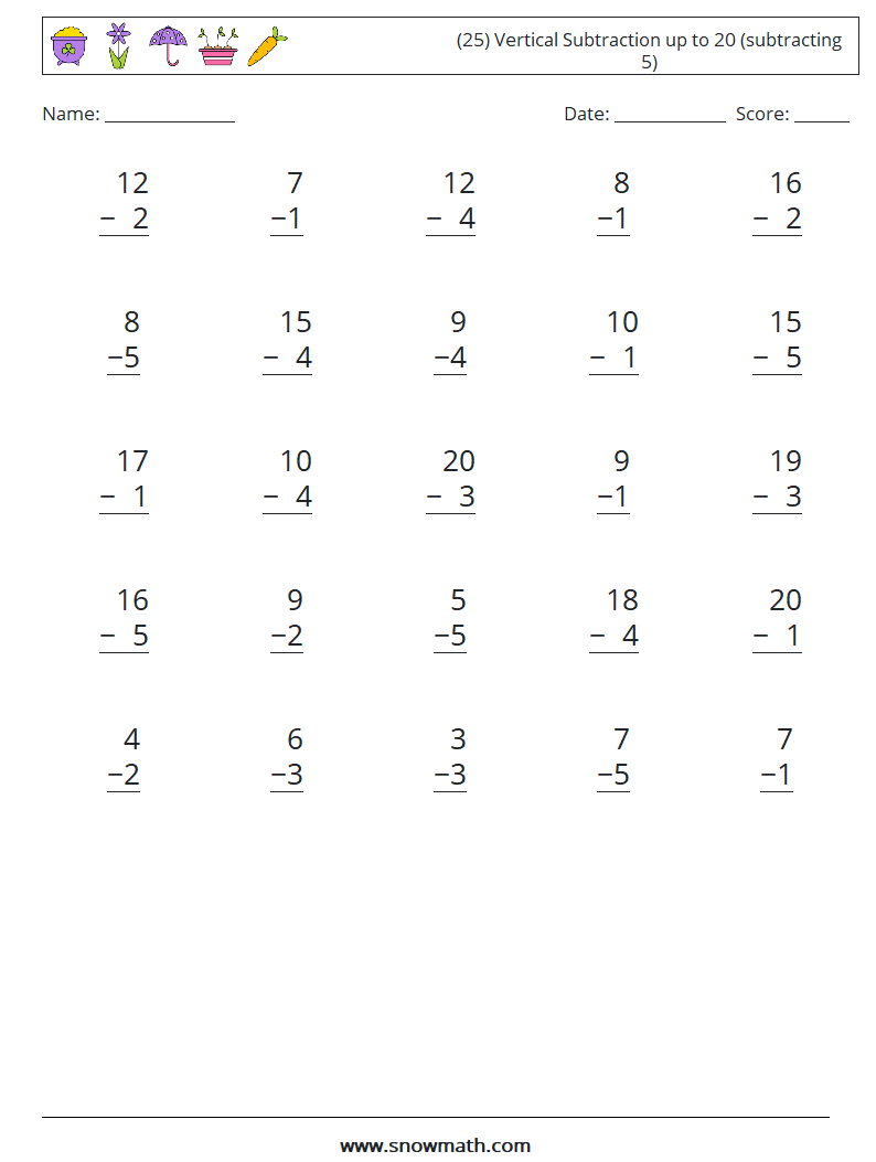 (25) Vertical Subtraction up to 20 (subtracting 5) Maths Worksheets 7