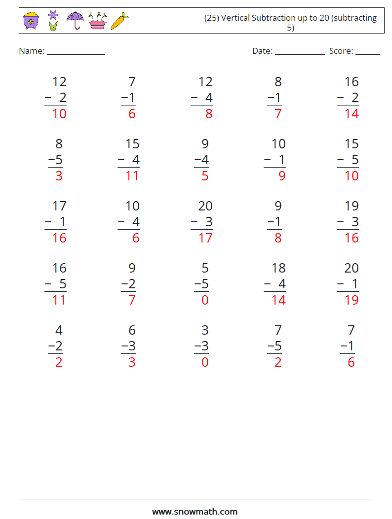 (25) Vertical Subtraction up to 20 (subtracting 5) Maths Worksheets 7 Question, Answer