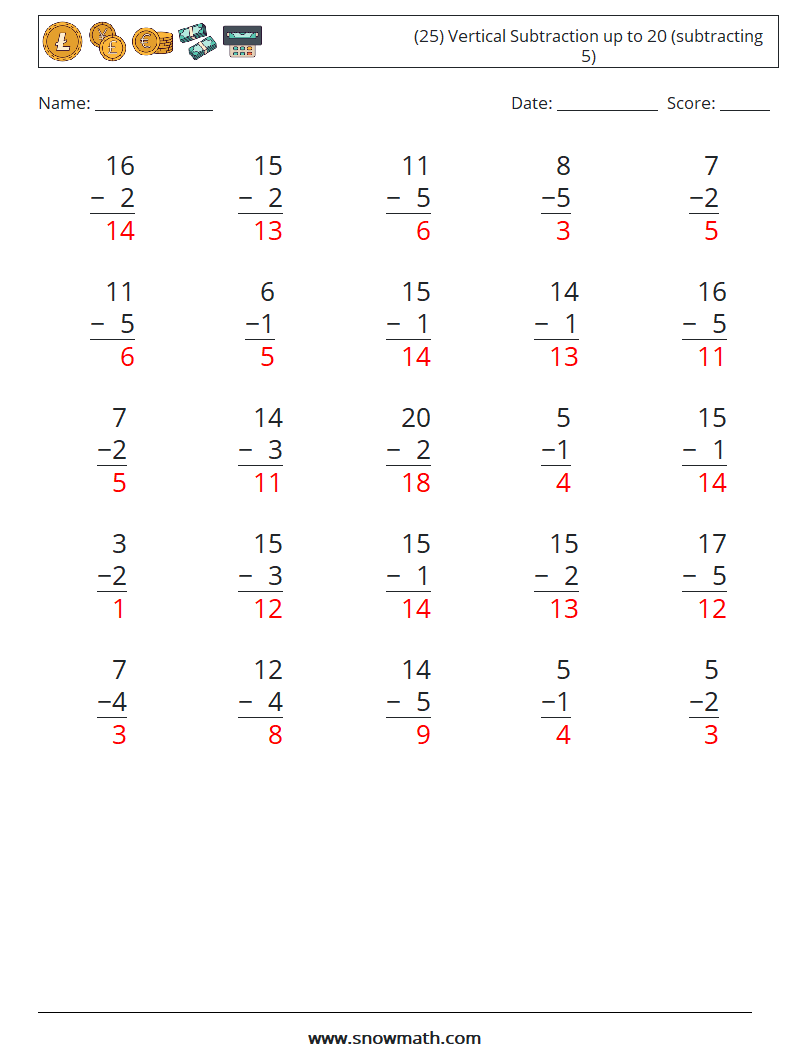 (25) Vertical Subtraction up to 20 (subtracting 5) Maths Worksheets 8 Question, Answer