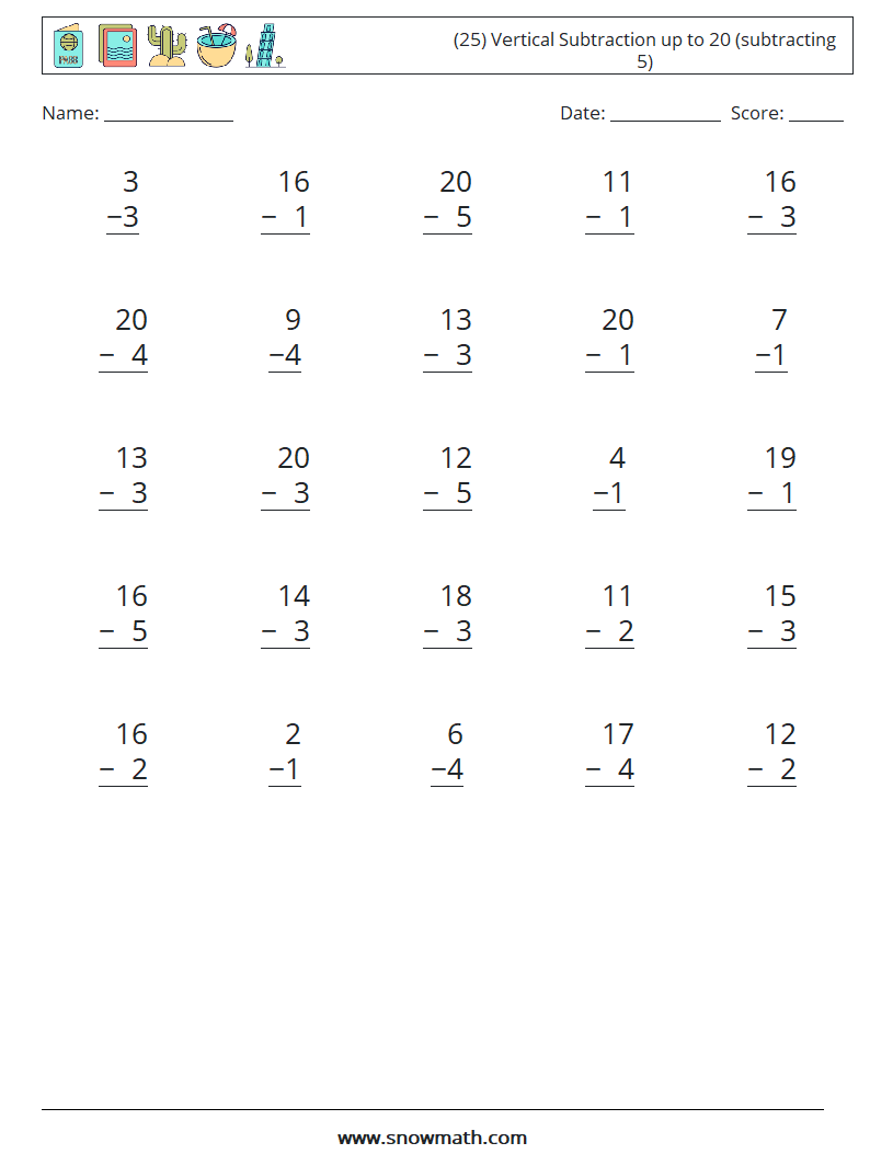 (25) Vertical Subtraction up to 20 (subtracting 5) Maths Worksheets 9