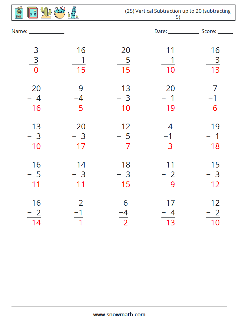 (25) Vertical Subtraction up to 20 (subtracting 5) Maths Worksheets 9 Question, Answer