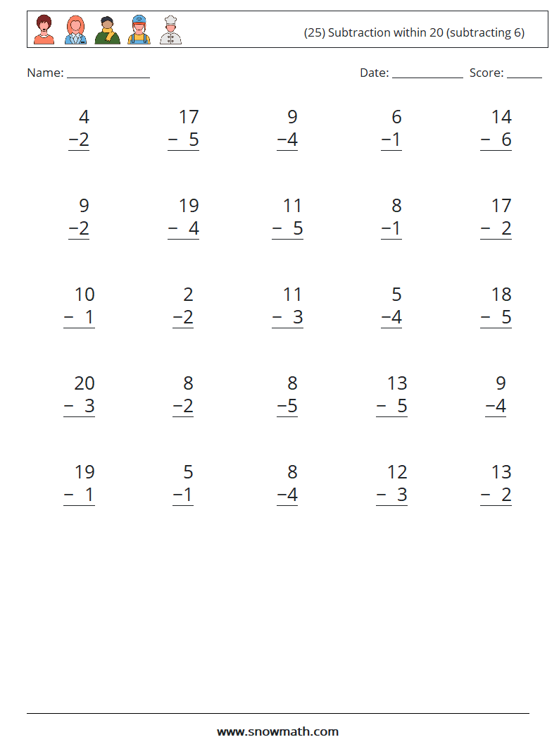 (25) Subtraction within 20 (subtracting 6) Maths Worksheets 10