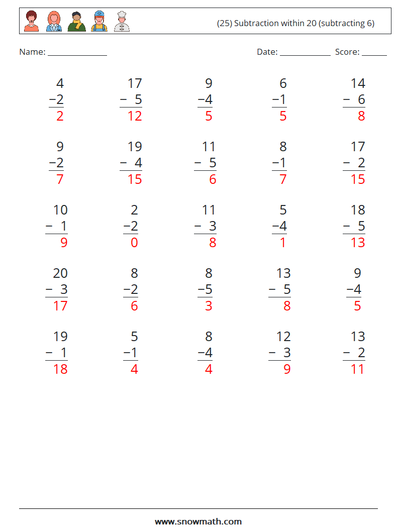 (25) Subtraction within 20 (subtracting 6) Maths Worksheets 10 Question, Answer