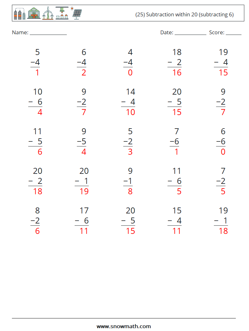 (25) Subtraction within 20 (subtracting 6) Maths Worksheets 12 Question, Answer