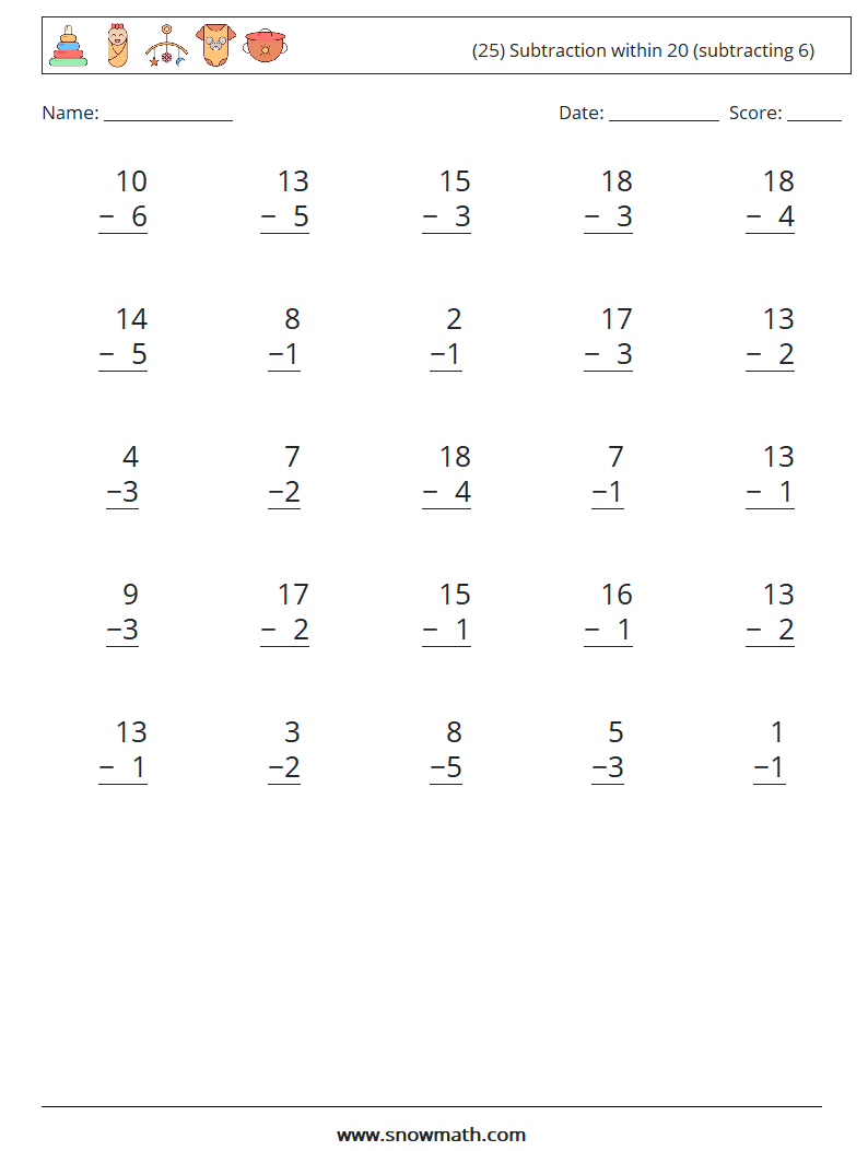 (25) Subtraction within 20 (subtracting 6) Maths Worksheets 13