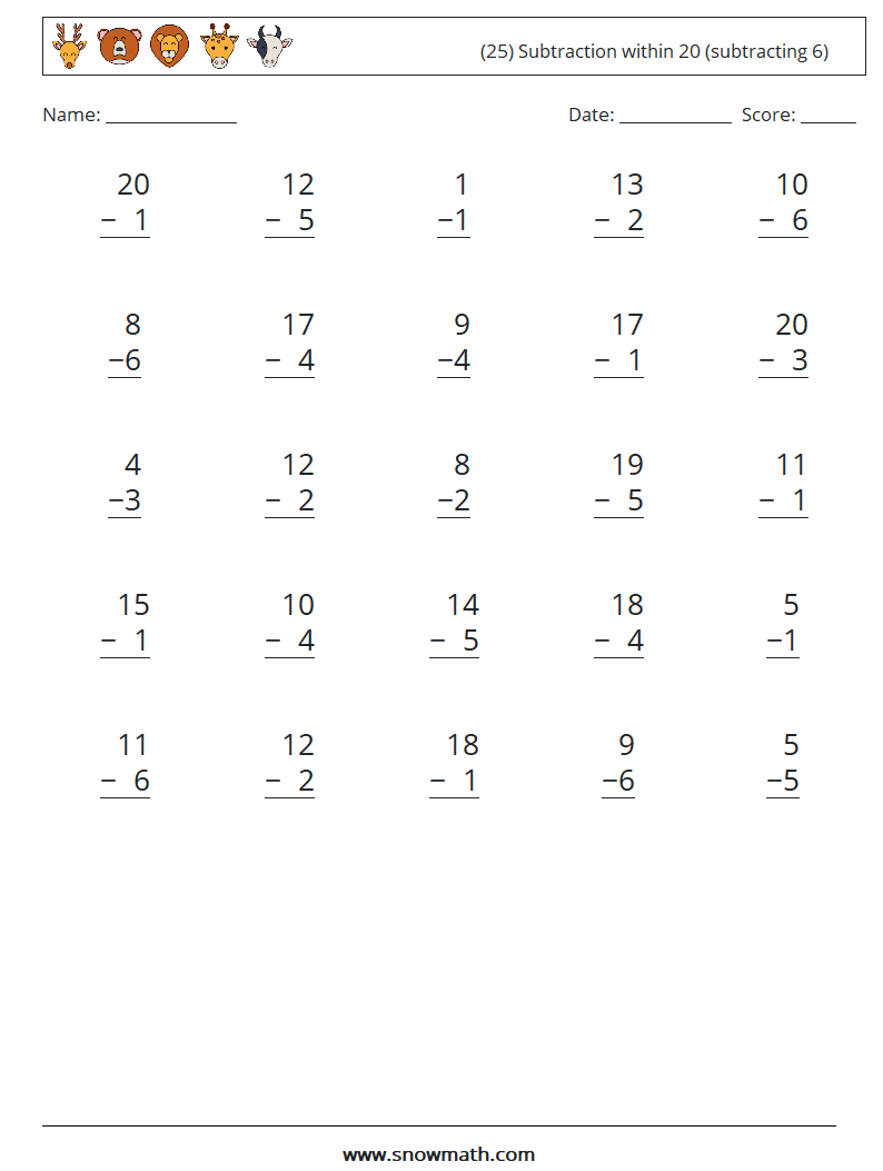 (25) Subtraction within 20 (subtracting 6) Maths Worksheets 14