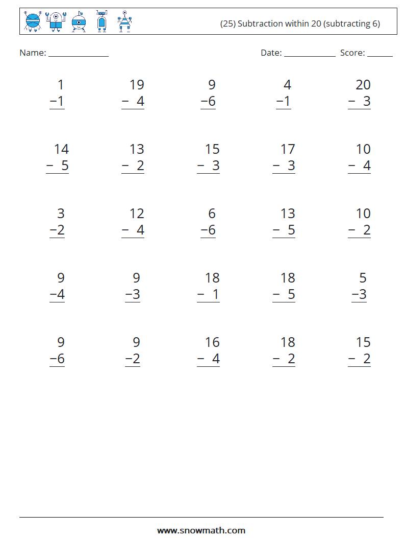 (25) Subtraction within 20 (subtracting 6) Maths Worksheets 17