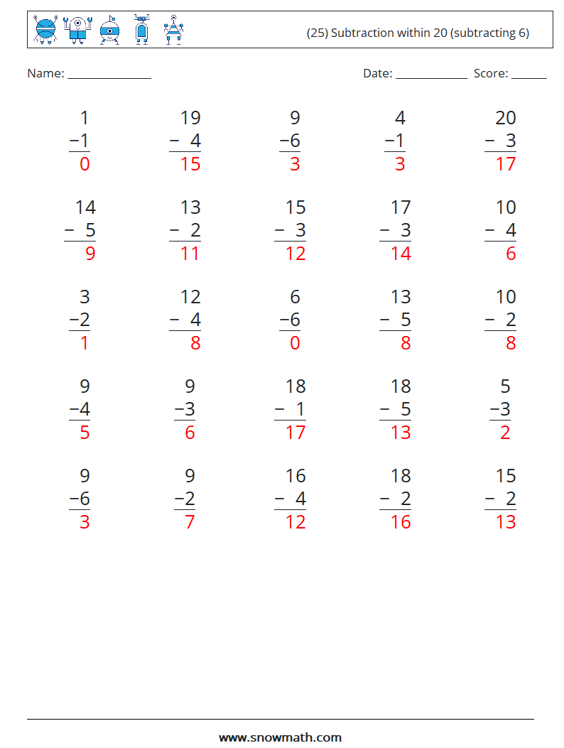 (25) Subtraction within 20 (subtracting 6) Maths Worksheets 17 Question, Answer