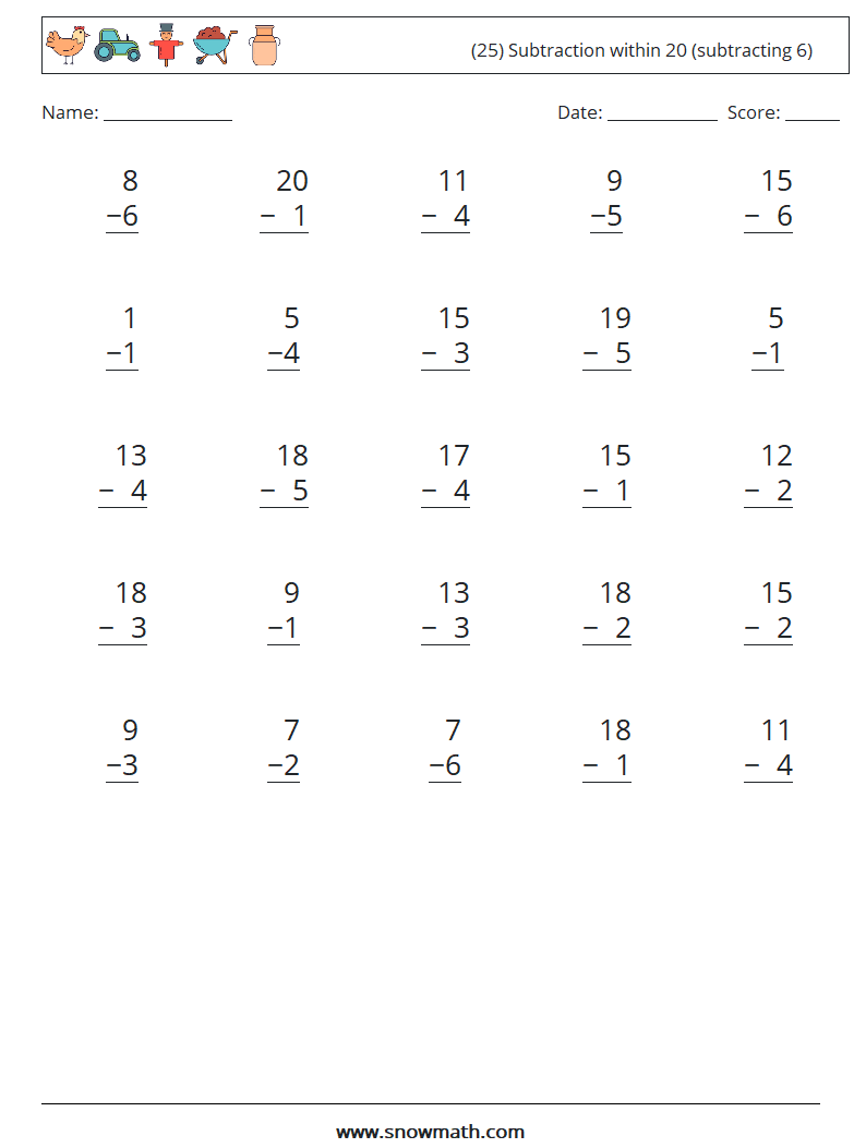 (25) Subtraction within 20 (subtracting 6) Maths Worksheets 18