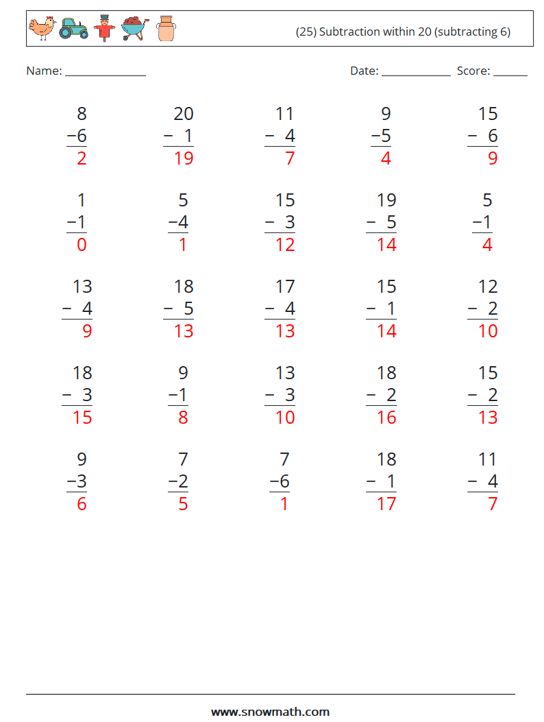 (25) Subtraction within 20 (subtracting 6) Maths Worksheets 18 Question, Answer