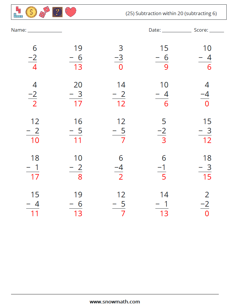 (25) Subtraction within 20 (subtracting 6) Maths Worksheets 1 Question, Answer