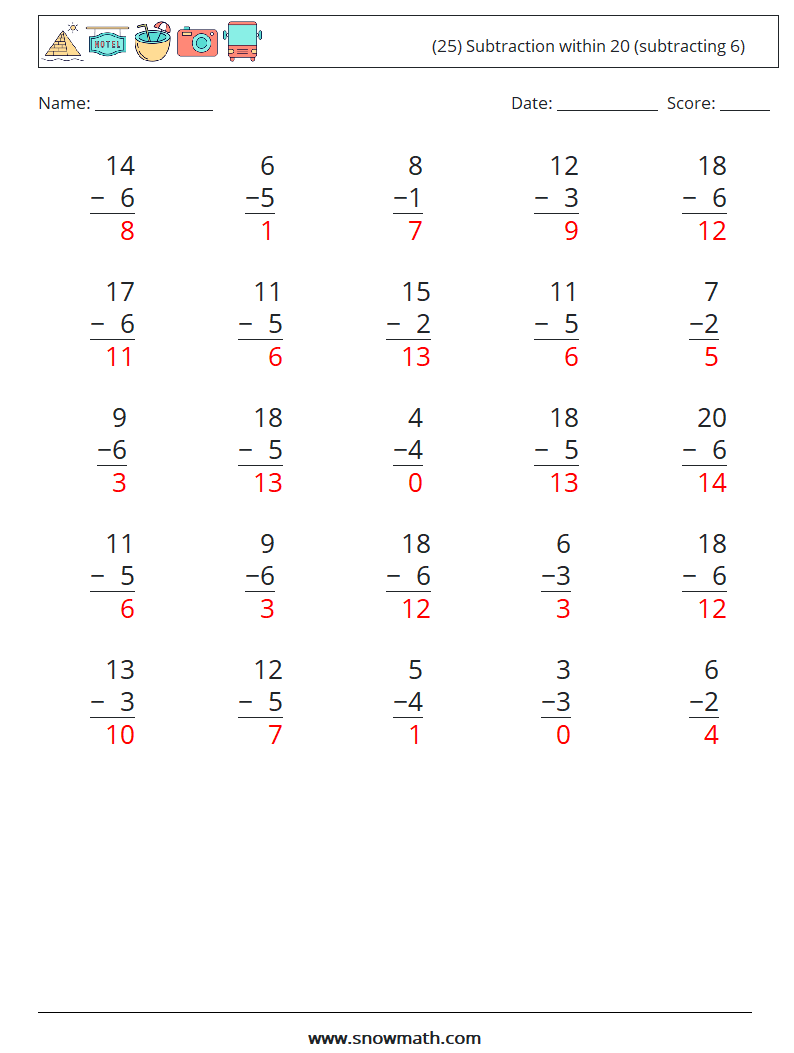 (25) Subtraction within 20 (subtracting 6) Maths Worksheets 2 Question, Answer