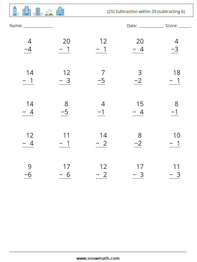 (25) Subtraction within 20 (subtracting 6) Maths Worksheets 3