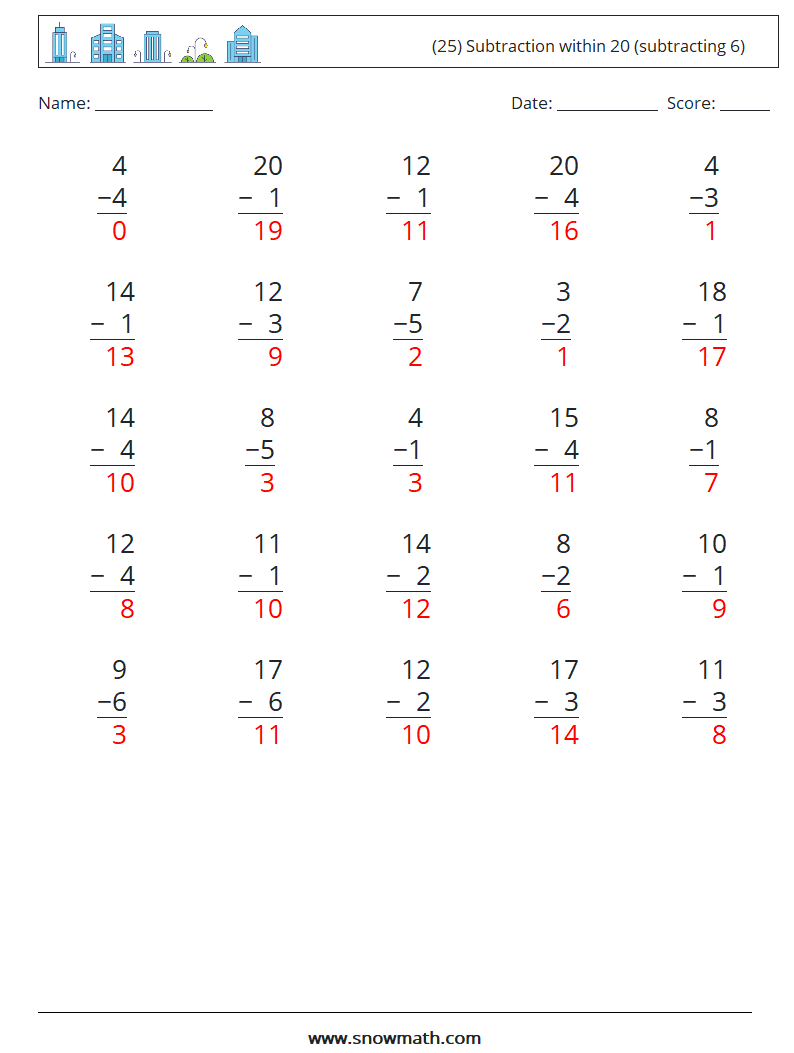 (25) Subtraction within 20 (subtracting 6) Maths Worksheets 3 Question, Answer