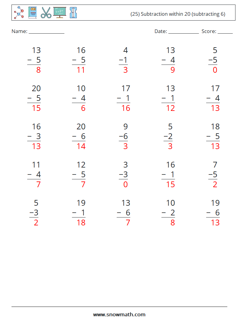 (25) Subtraction within 20 (subtracting 6) Maths Worksheets 4 Question, Answer