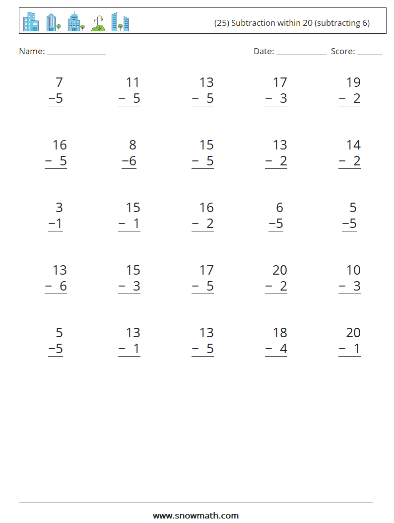 (25) Subtraction within 20 (subtracting 6) Maths Worksheets 5