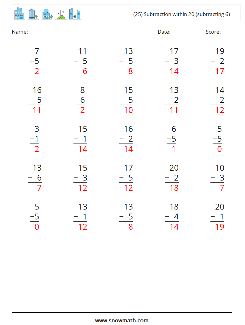 (25) Subtraction within 20 (subtracting 6) Maths Worksheets 5 Question, Answer