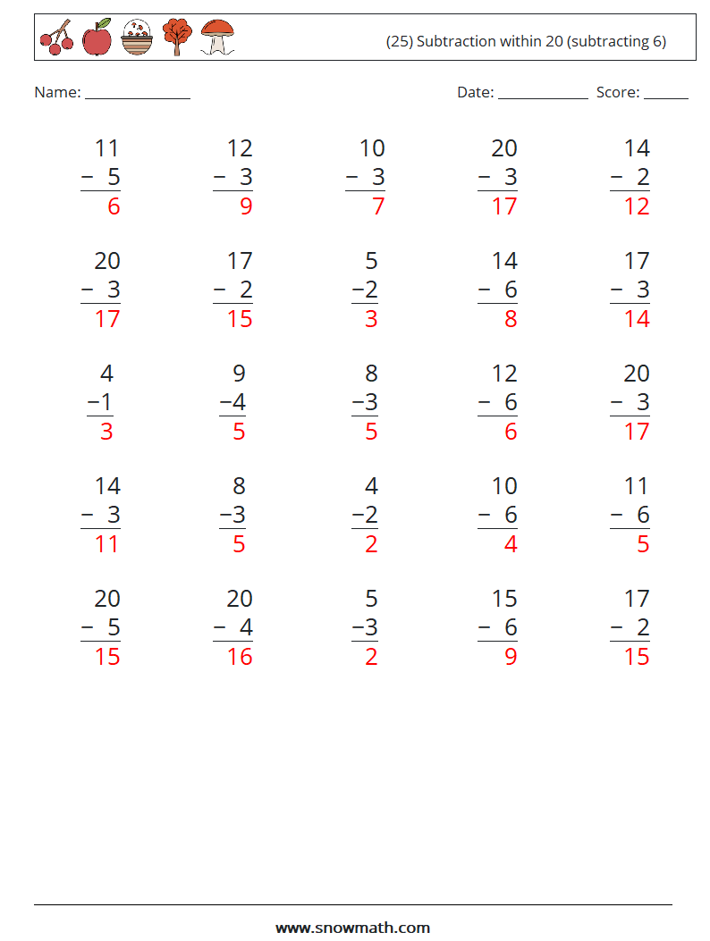 (25) Subtraction within 20 (subtracting 6) Maths Worksheets 6 Question, Answer