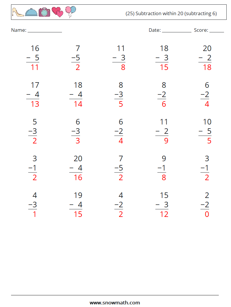 (25) Subtraction within 20 (subtracting 6) Maths Worksheets 7 Question, Answer