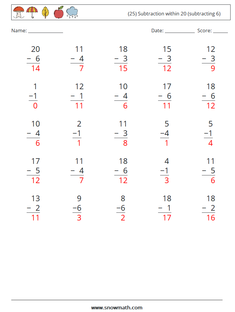 (25) Subtraction within 20 (subtracting 6) Maths Worksheets 8 Question, Answer