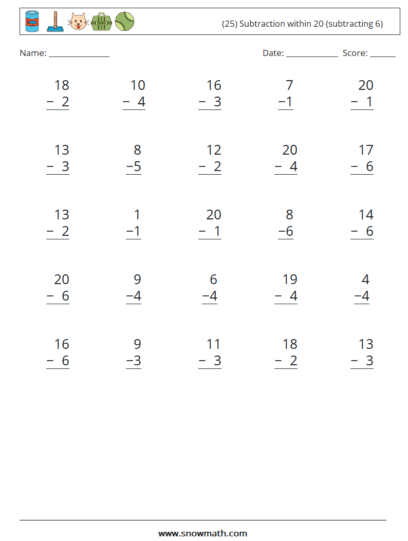 (25) Subtraction within 20 (subtracting 6) Maths Worksheets 9