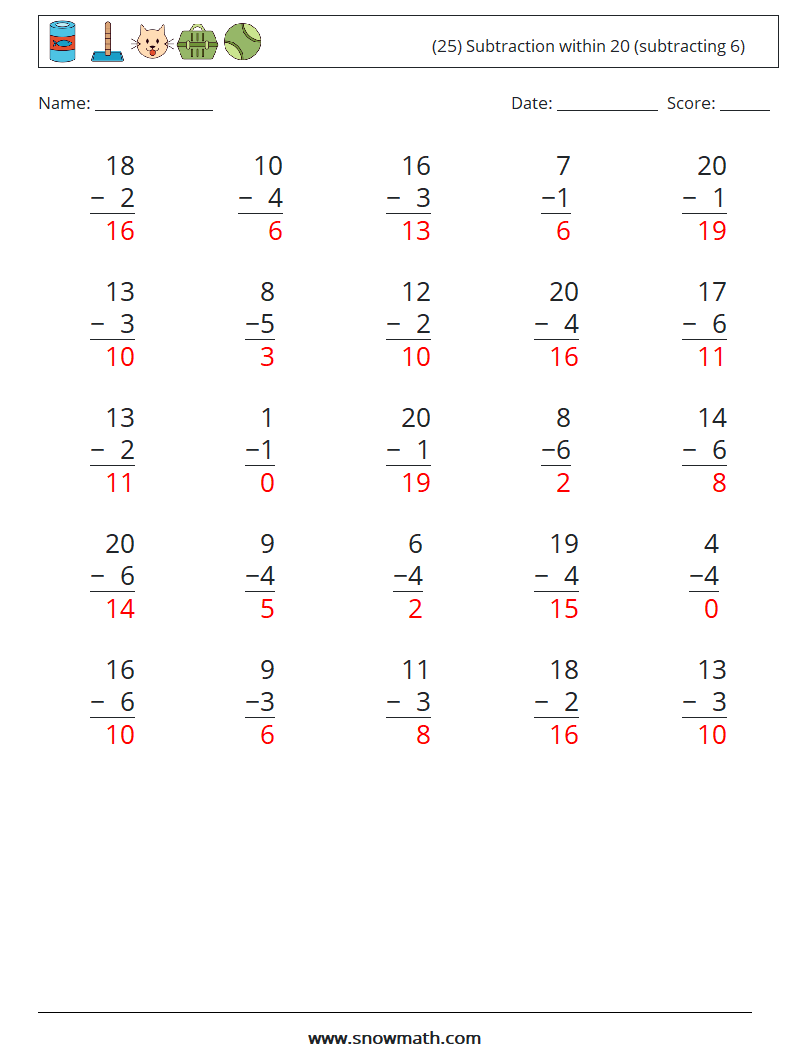 (25) Subtraction within 20 (subtracting 6) Maths Worksheets 9 Question, Answer