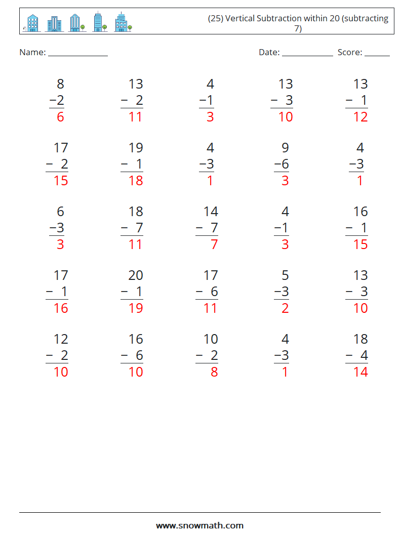 (25) Vertical Subtraction within 20 (subtracting 7) Maths Worksheets 14 Question, Answer