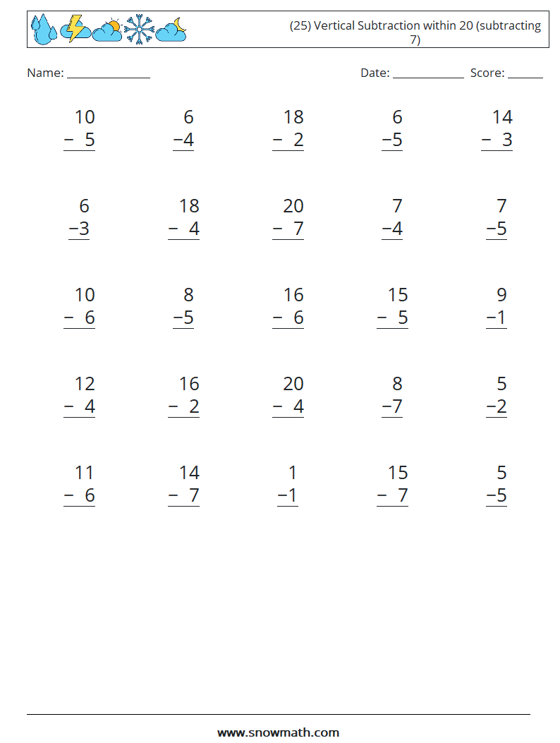 (25) Vertical Subtraction within 20 (subtracting 7) Maths Worksheets 15