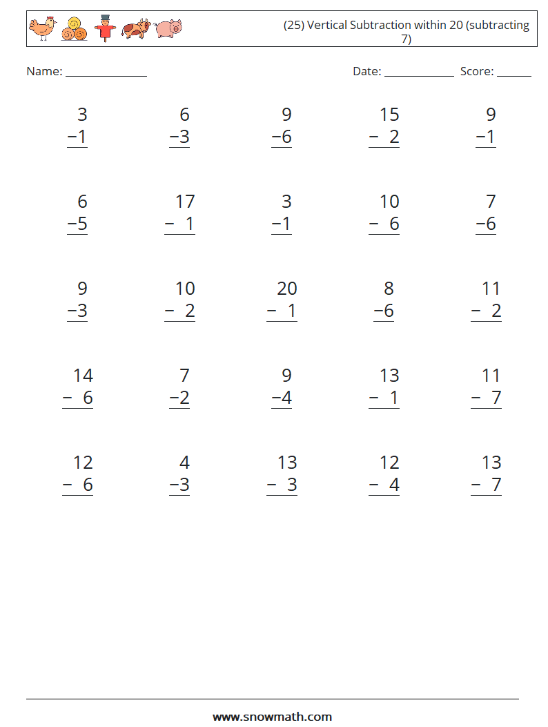 (25) Vertical Subtraction within 20 (subtracting 7) Maths Worksheets 17