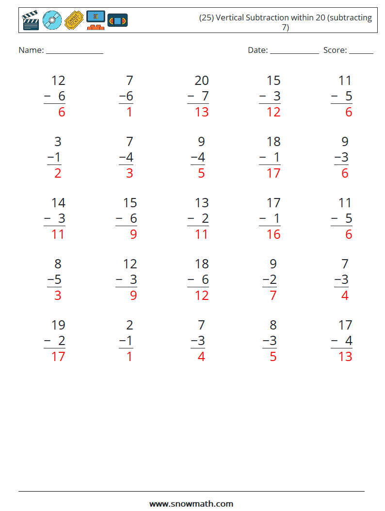 (25) Vertical Subtraction within 20 (subtracting 7) Maths Worksheets 3 Question, Answer