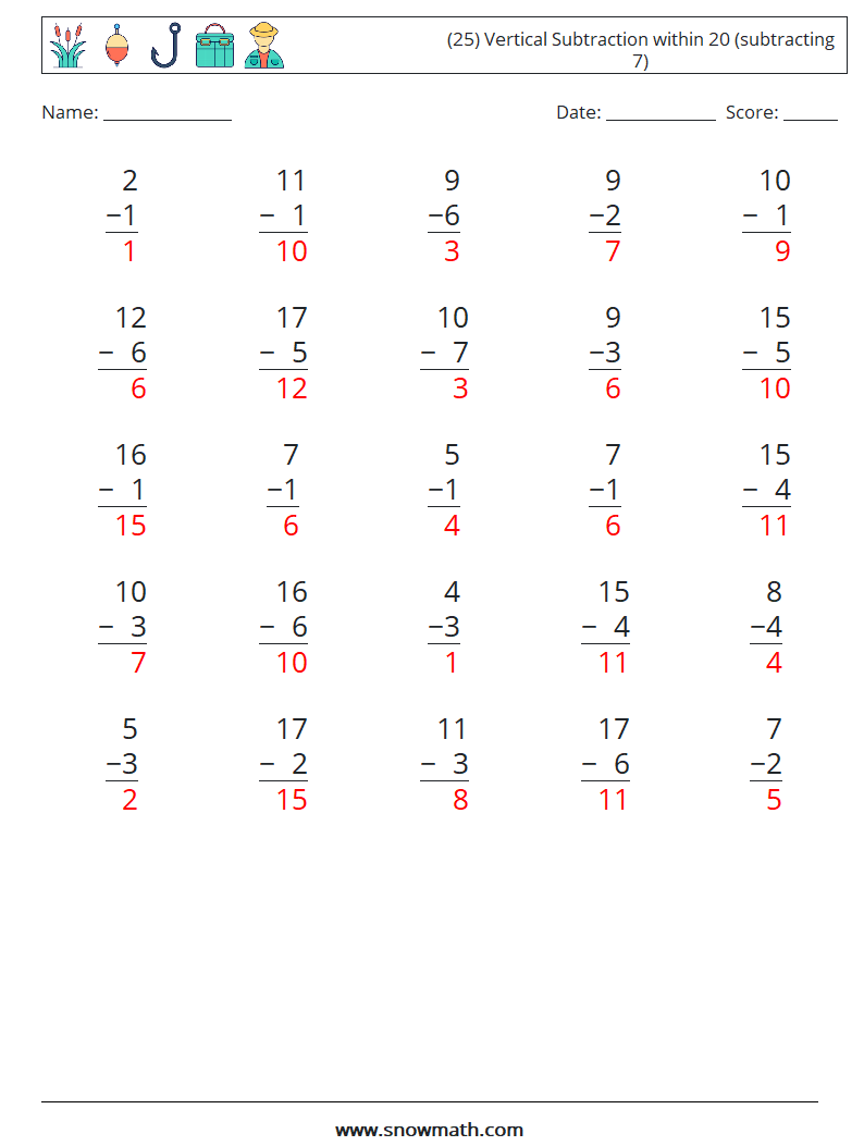 (25) Vertical Subtraction within 20 (subtracting 7) Maths Worksheets 4 Question, Answer