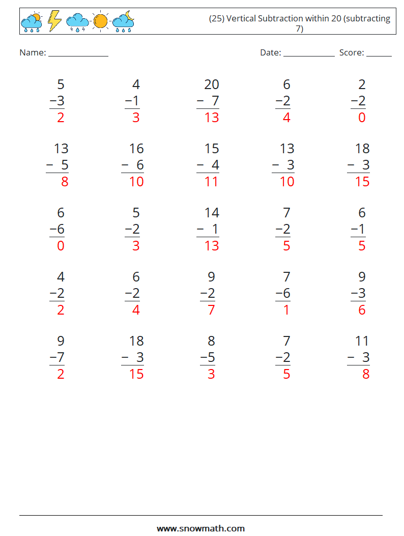 (25) Vertical Subtraction within 20 (subtracting 7) Maths Worksheets 6 Question, Answer